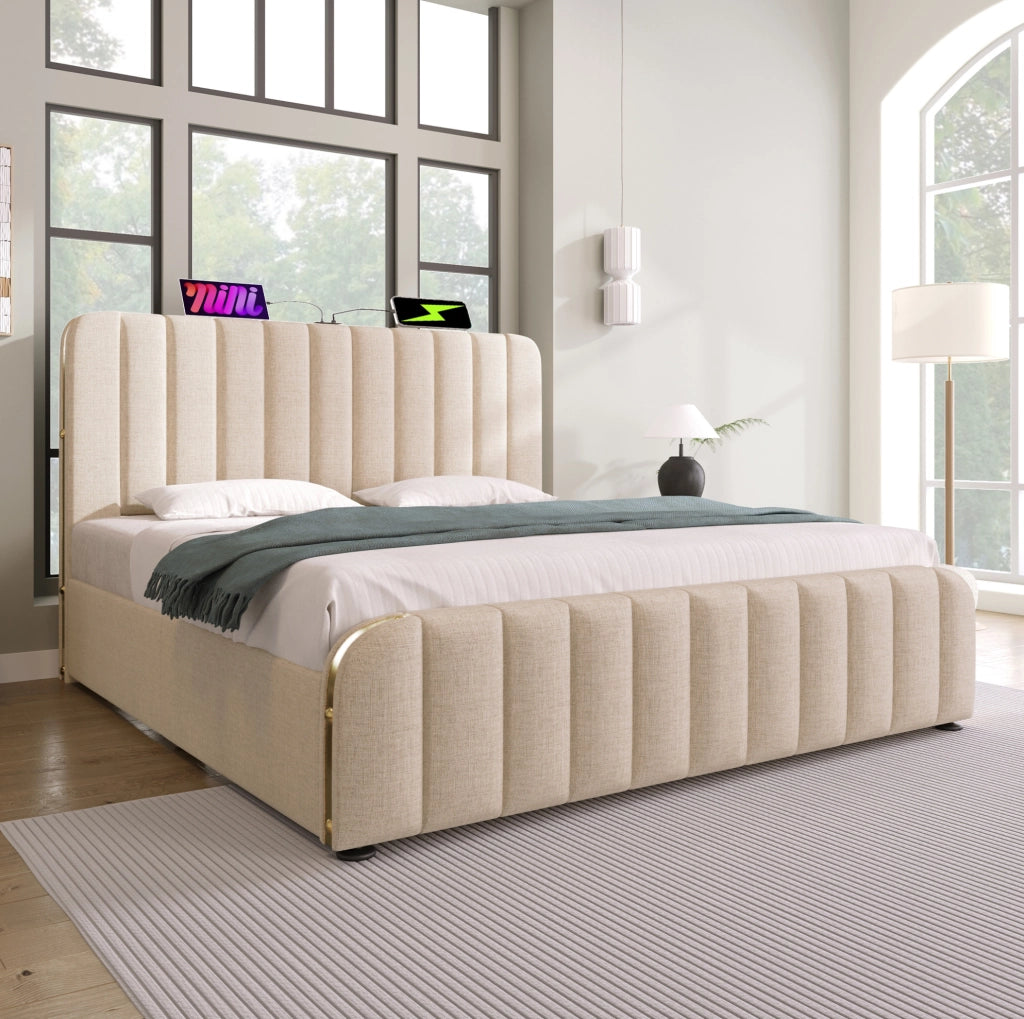 Letto imbottito 140x200 con testiera USB e contenitore idraulico