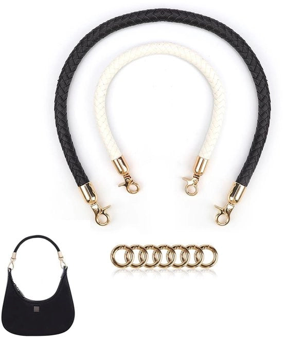 Maniglia per borse, 2 pezzi, cinturini in pelle intrecciata con chiusura a molla, con chiusura a rondella, cinturino, pelle, bianco, 40 cm, nero 60 cm, per borse a mano, borse da camera
