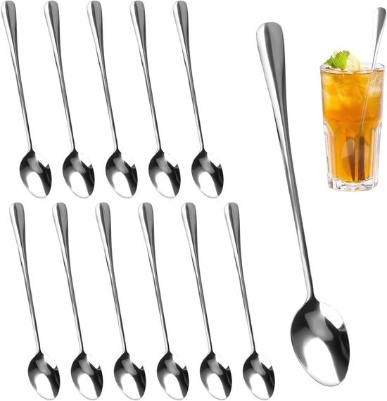 Set di cucchiai per cocktail e dessert in acciaio inossidabile - 12 pezzi - lungo - latte macchiato - adatto per tè freddo, milkshake, sundae, cocktail - acciaio inossidabile - cucchiaio da caffè lungo - cucchiaio a lunga manica