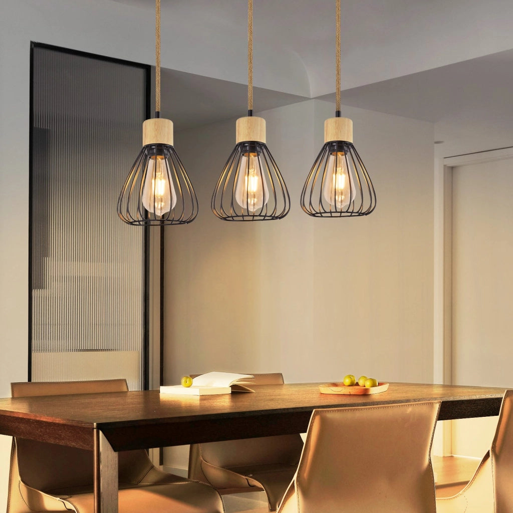 Lampada a Sospensione ZMH nera retro in corda di canapa e legno E27 per sala da pranzo e scala