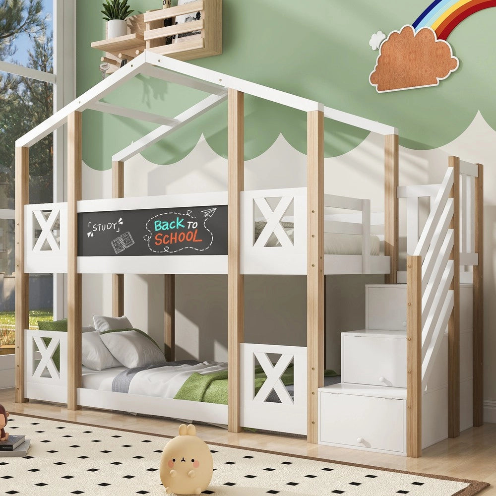 Letto a Castello Casetta 90x200 ¨C Xylo ¨C Legno Naturale e Bianco, Scala, Cassetti, Rete a Doghe