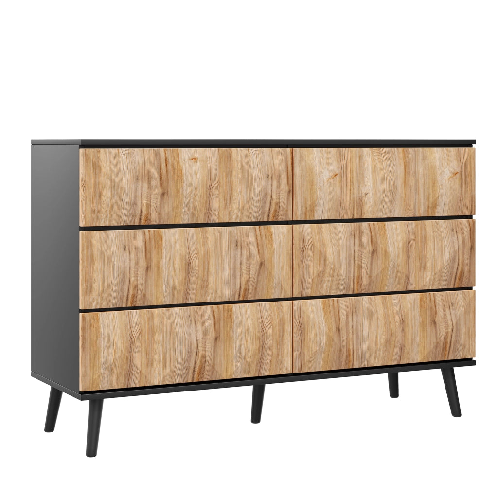Credenza a 6 cassetti con frontali rialzati, struttura in MDF e pannello truciolare, nero e naturale 120 × 40 × 85 cm