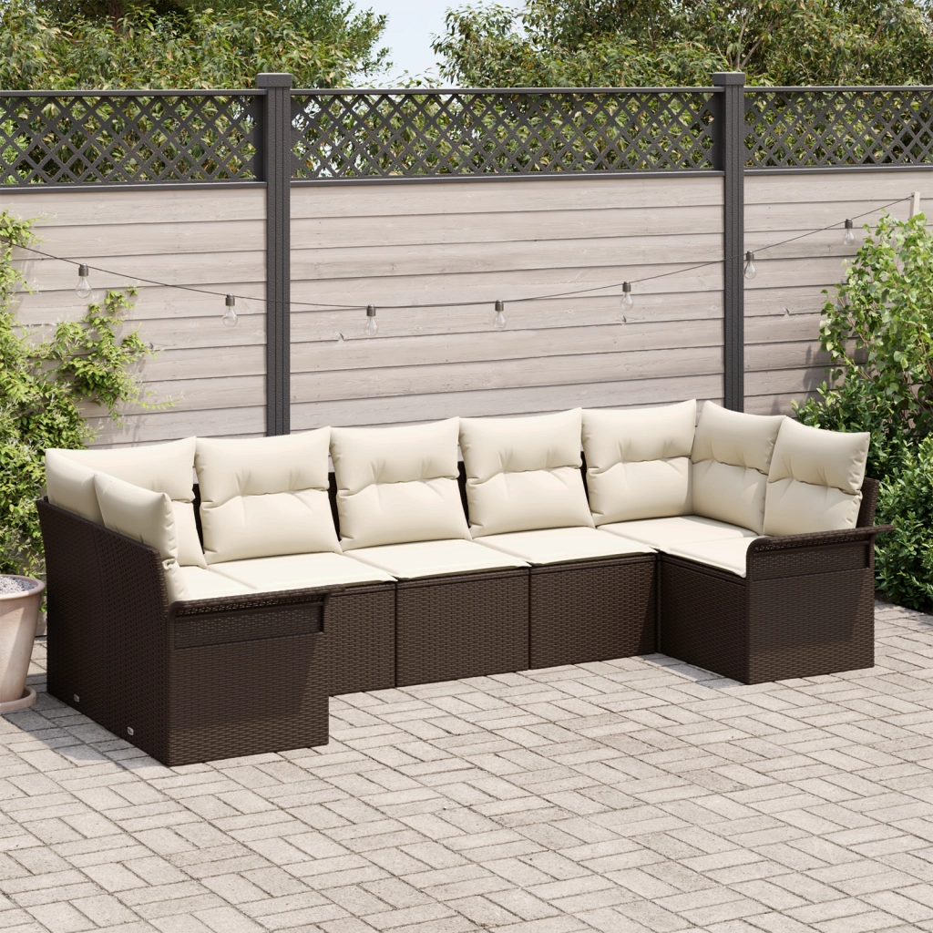 Set Divano da Giardino 7 Pezzi con Cuscini Marrone Polyrattan