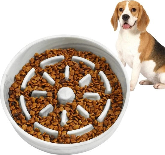 Ciotola Lenta per Cani in Ceramica Non Scivente - Prevenzione di Affogamento e Soffocamento - Giocosa Ciotola da Mangiare per Cani - S/M Larghezza 21,6 cm - Bianco Marmo