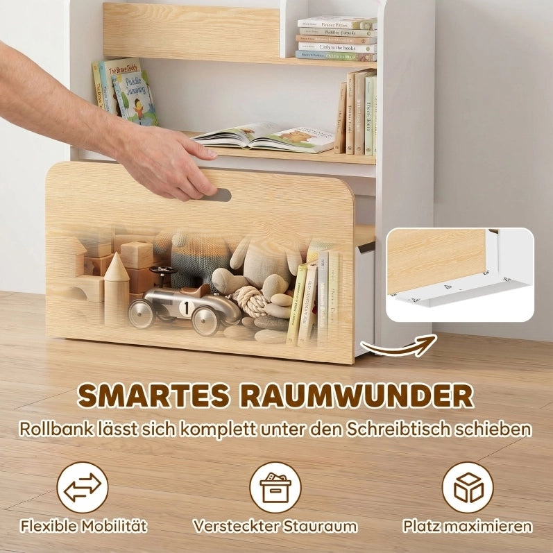 TAVOLO bambini 5 in 1 con libreria e panca rollabile bianco