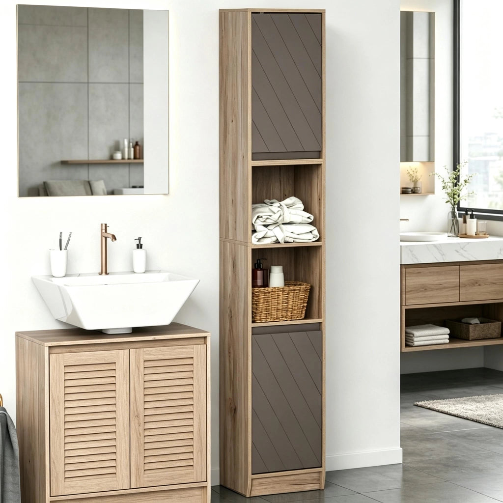 Armadietto da bagno alto e stretto con 2 ante, 2 vani aperti e ripiani regolabili, in MDF e truciolare, grigio rovere