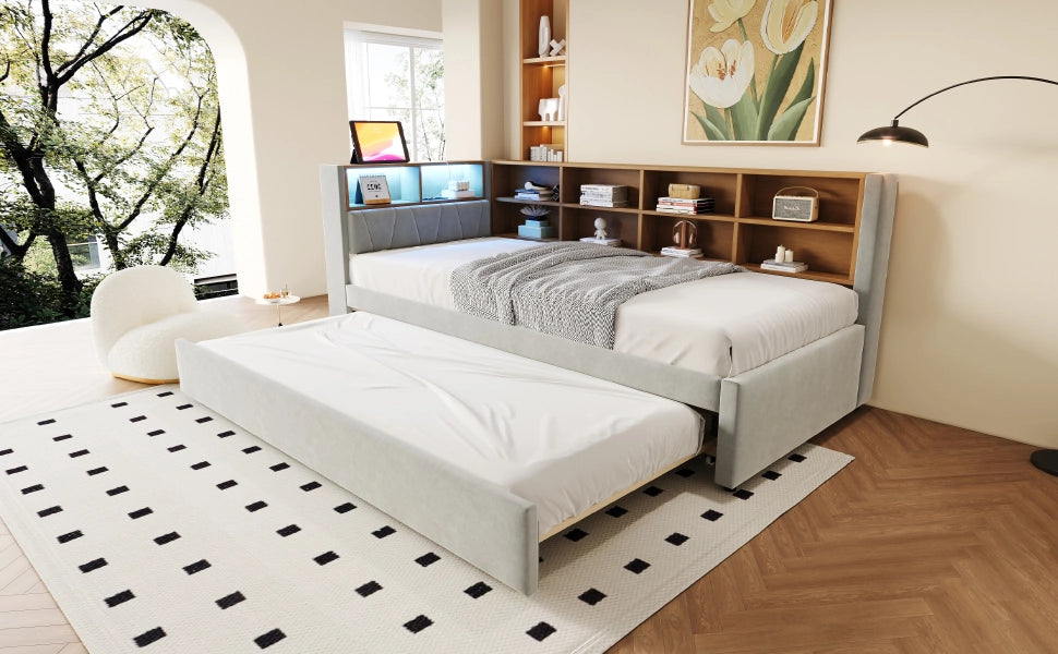 Divano letto multifunzionale 90x200 cm con letto estraibile 90x190 cm, luci LED, prese multimediali, vani contenitore, flanella, grigio chiaro
