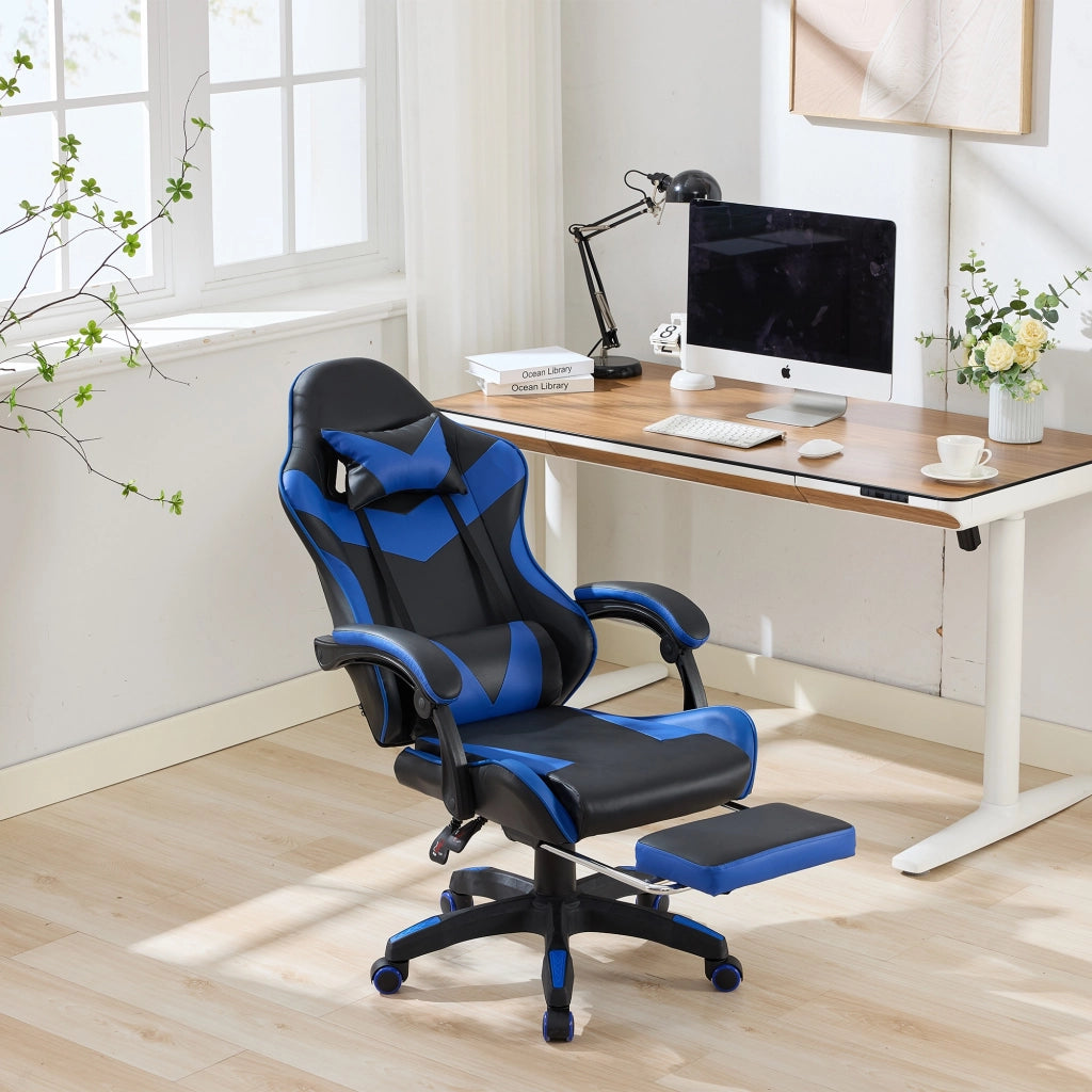 Sedia Gaming Ergonomica Girevole ¨C MINIMAL ¨C Ecopelle Nero e Blu, Poggiatesta e Supporto Lombare