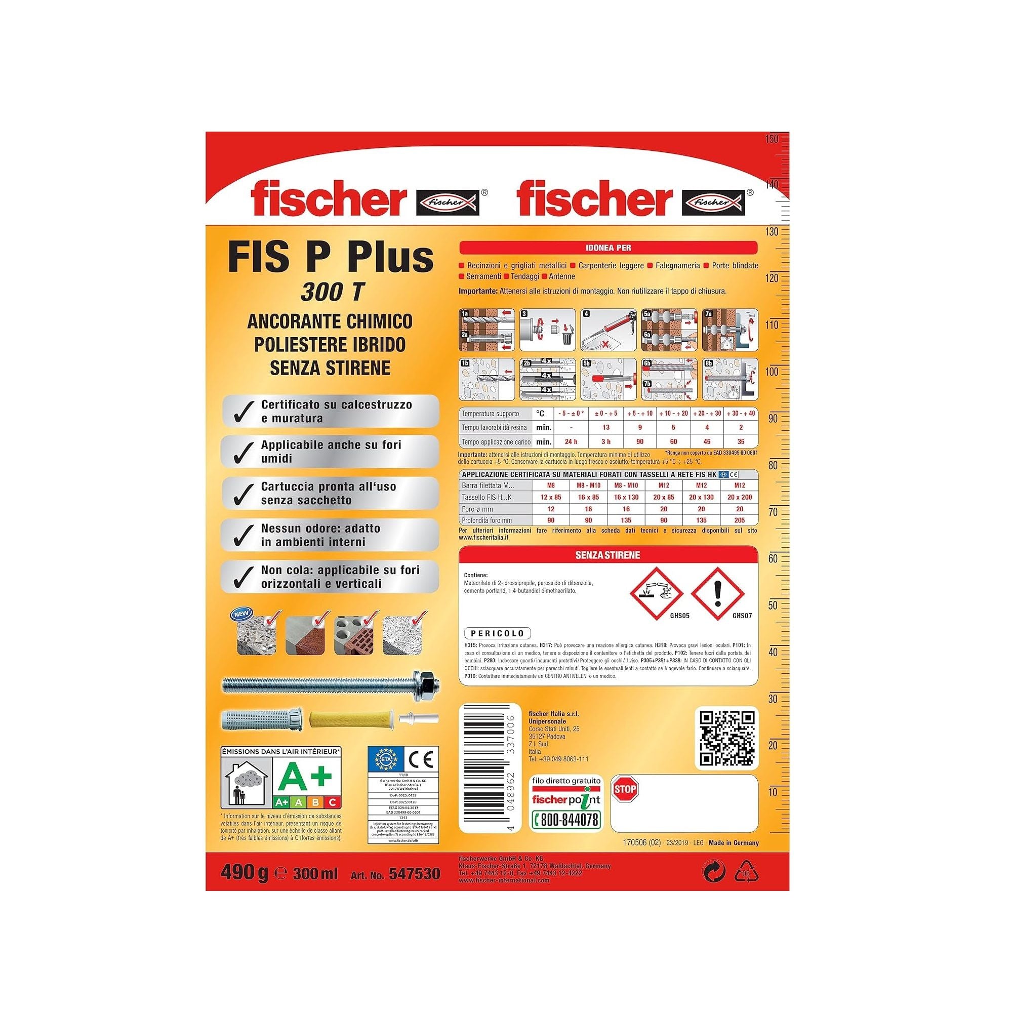 Ancorante chimico Fischer FIS P PLUS 300 T resina bicomponente cartuccia calcestruzzo mattone