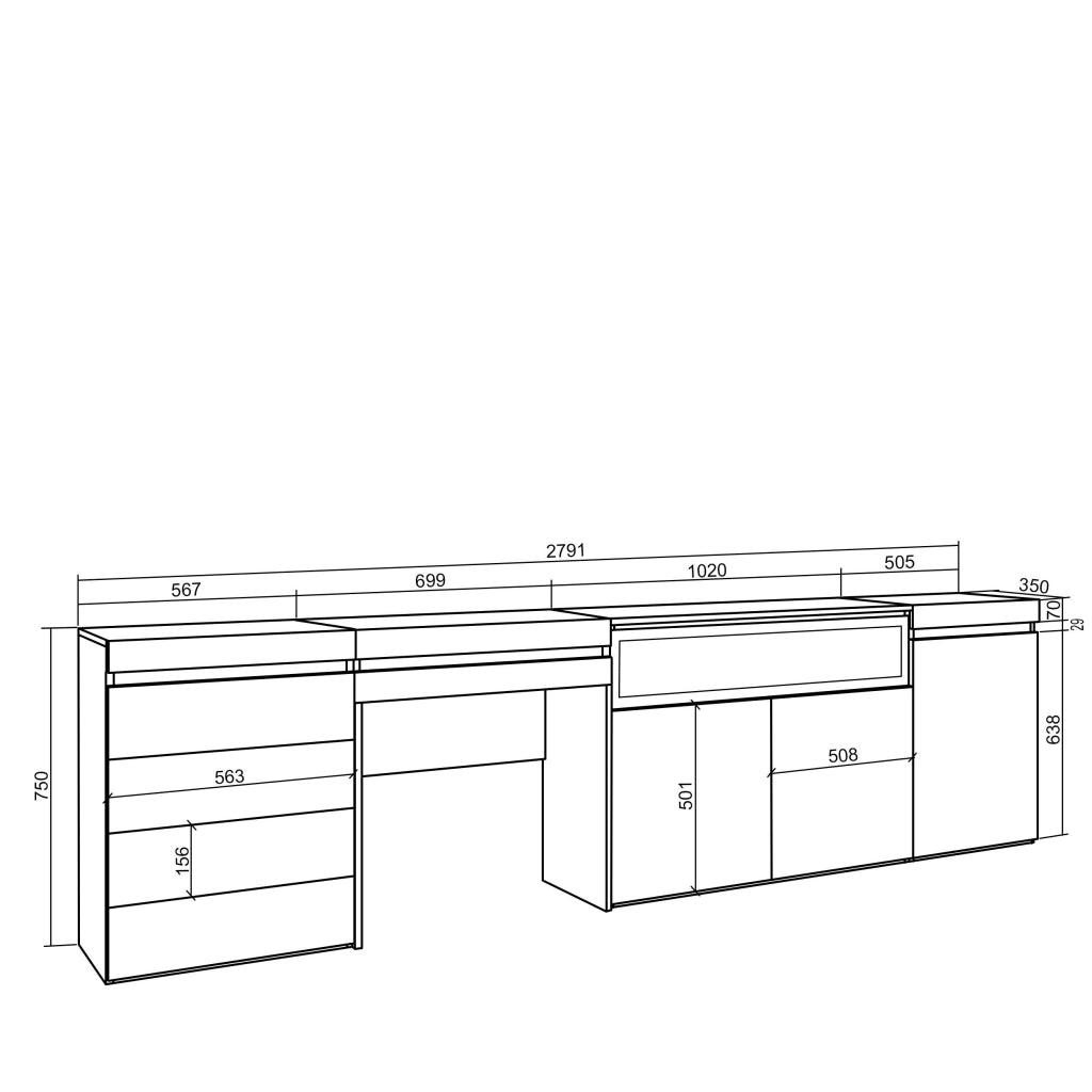 Credenza, 277x35x75cm, Camera da letto, Camino elettrico, Cassettiera, Tavolo da toeletta, colore Rovere RF3413