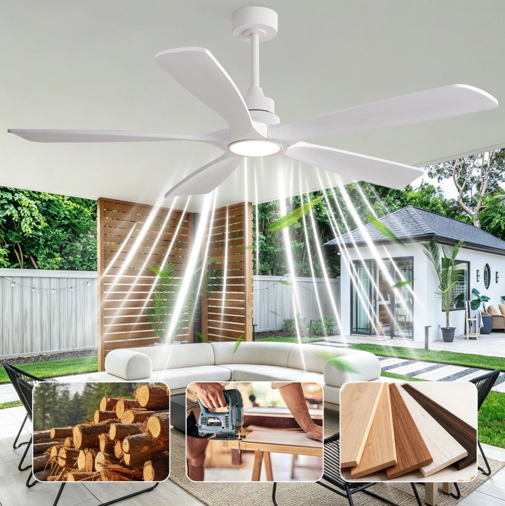 Ventilatore da soffitto da 60 pollici con luce LED e telecomando; 5 pale in legno; bianco