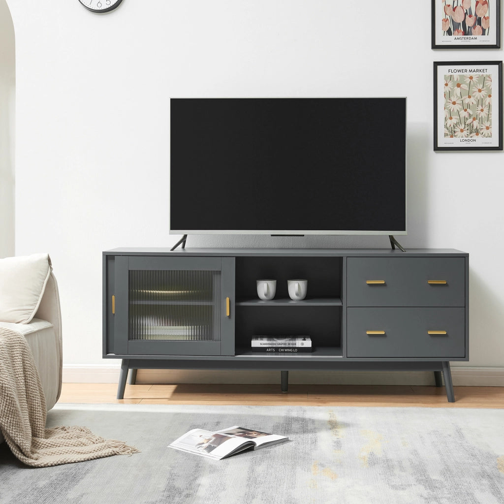 Mobile Porta TV Susa con Cassetti e Ante Scorrevoli in Vetro Scanalato 160x40x65 cm Grigio [en.casa]