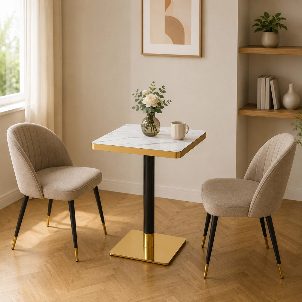 Tavolo da pranzo quadrato in MDF effetto marmo con gambe in metallo, per 2-4 persone, bianco, 60 × 60 × 74 cm