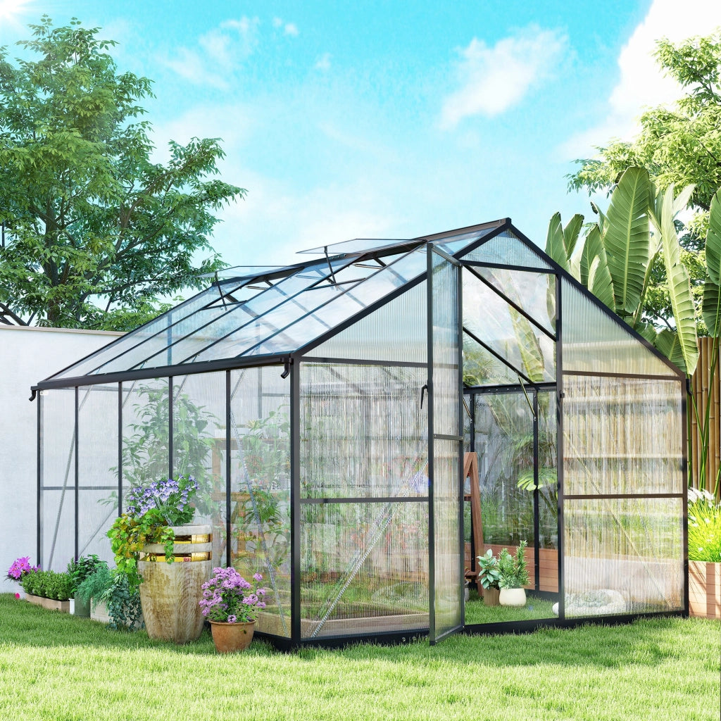 Serra per Orto 304x247x205 cm con Porta a Battente e 2 Finestre Regolabili in PC e Alluminio Nero