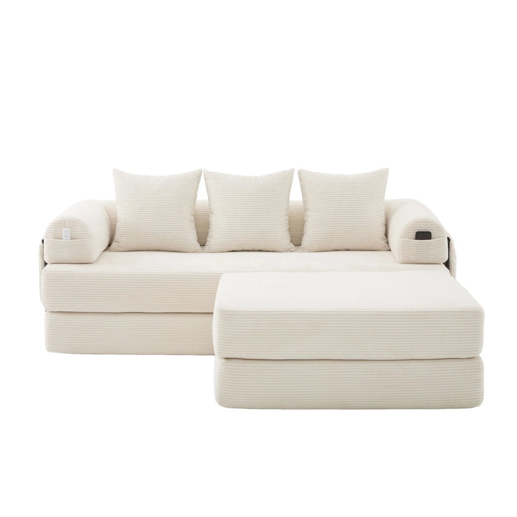 Divano modulare in corduroy con struttura in metallo, tasca laterale, 3 cuscini e pouf, design versatile beige