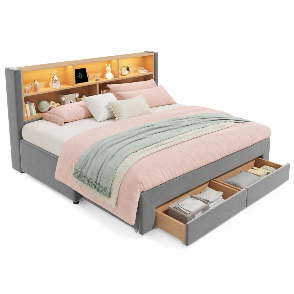Letto daybed estraibile con cassetti, prese USB e Tipo-C, illuminazione LED, velluto grigio 90x200 cm