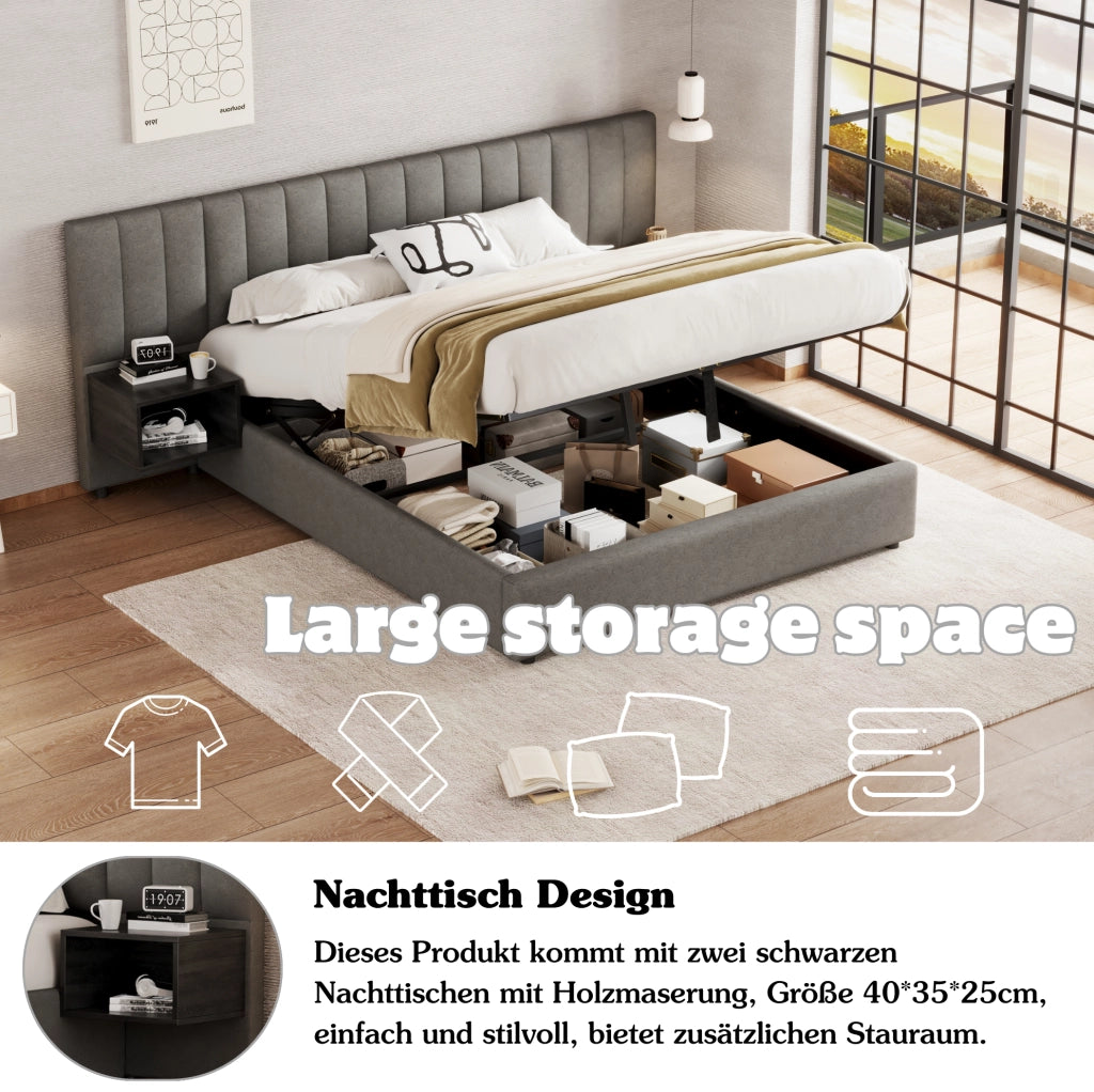 Letto matrimoniale 160x200 cm con contenitore idraulico e 2 comodini; in lino grigio e nero