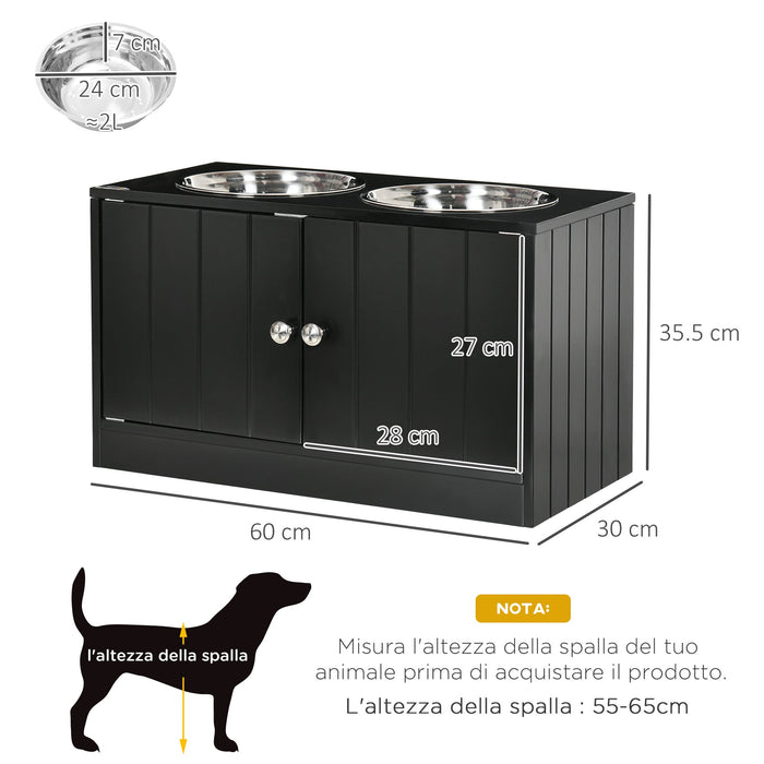 2 Ciotole per Cani Rialzate 60x30x35,5 cm in Acciaio Inox con Vano Contenitore Nero