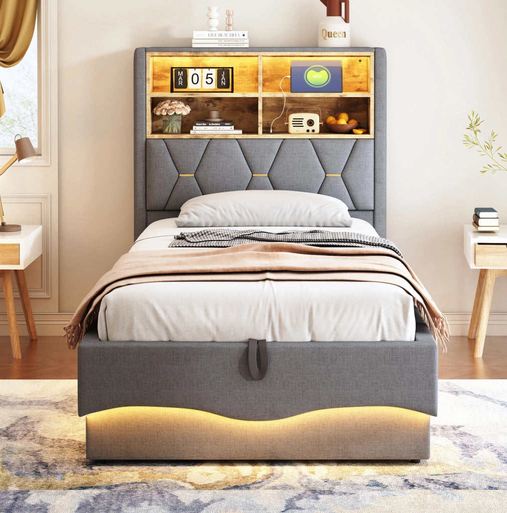 Letto imbottito 90x200 cm con contenitore; LED e USB in lino e metallo grigio