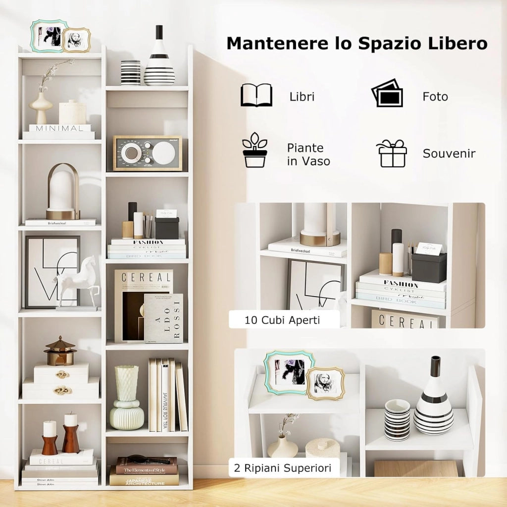 Scaffale in Legno per Libri, Libreria a 12 Ripiani con Kit Anti-Ribaltamento, Unità di Stoccaggio a Forma di Albero, Ideale per Casa Ufficio, 65 x 20 x 162 cm (Bianco)
