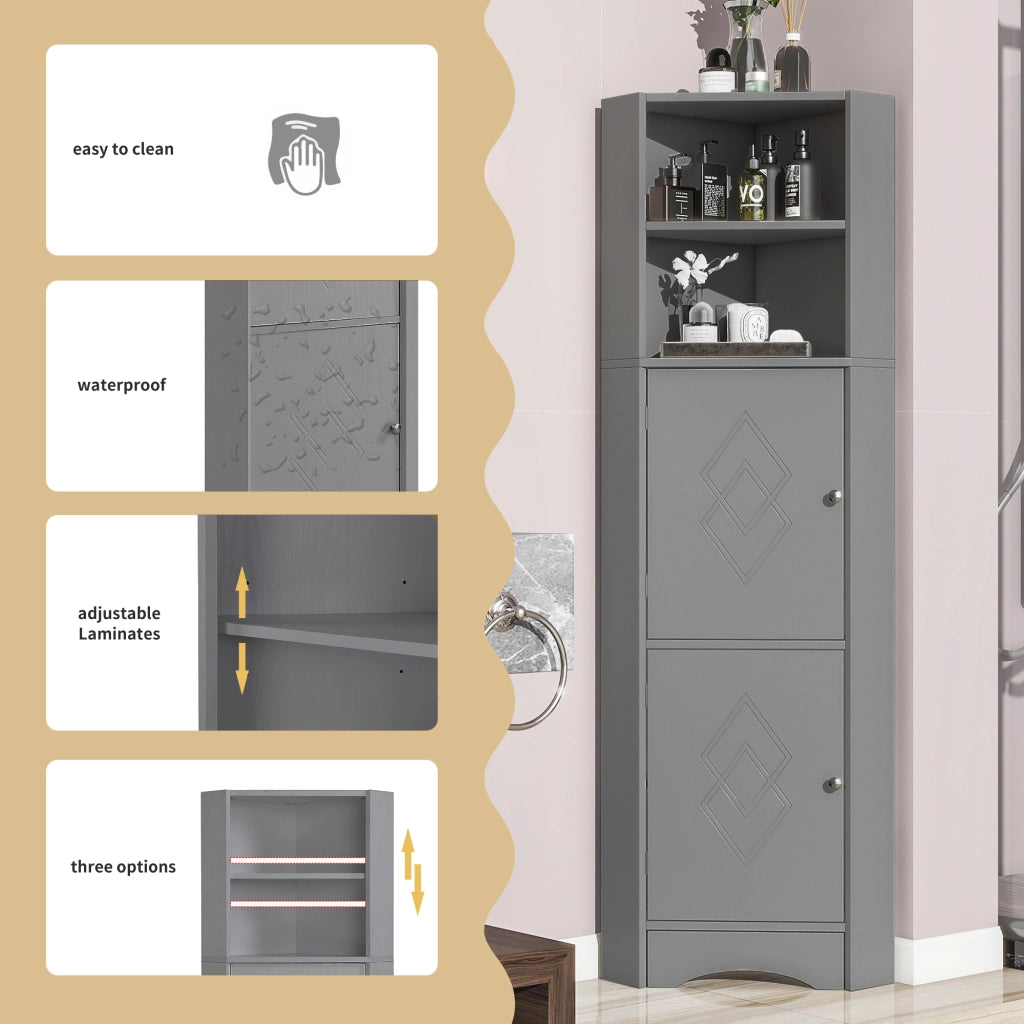 Armadietto da bagno angolare con ripiano regolabile e vani aperti, per bagno, in truciolare, grigio, 36.5 × 36.5 × 155 cm
