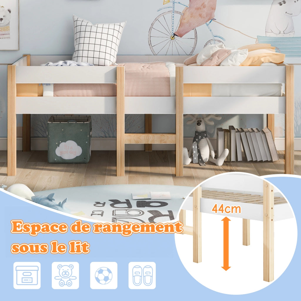 Letto a Soppalco 90 x 190 cm; Letto Singolo con Sponda di Sicurezza e Scala; senza Materasso; Legno Massello; Bianco