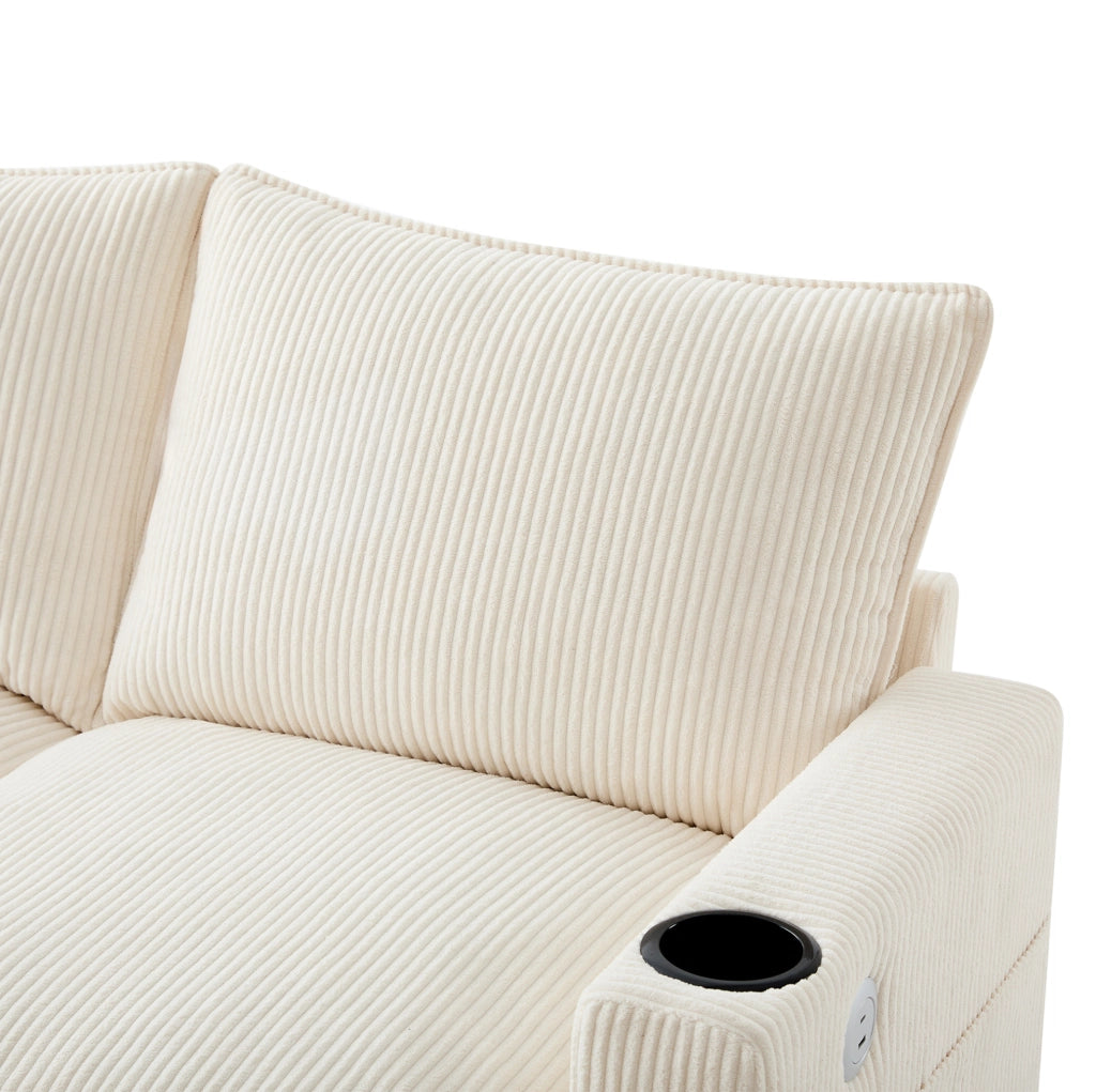 Divano modulare componibile L/U con USB; contenitore e portabicchieri; corduroy beige 280x151x82 cm