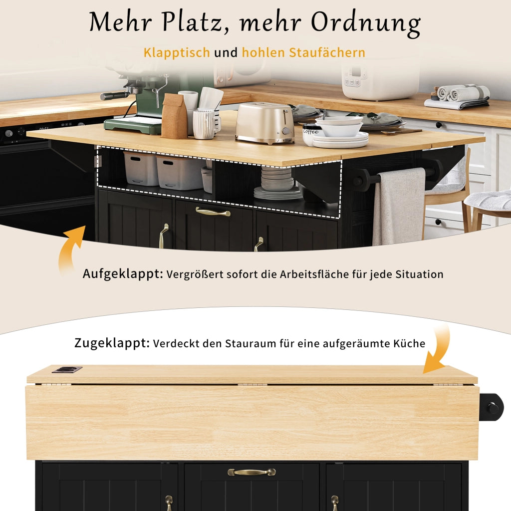 Carrello da cucina con 2 ante; 2 cassetti; vani aperti; piano ribaltabile; prese e portaasciugamani; in MDF; 120 x 40-60-80 x 92 cm; nero e naturale