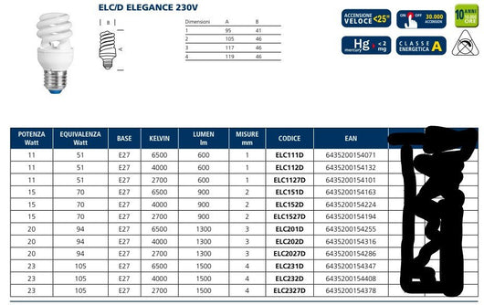 Lampada ai l.fredda fluor. eleg. elc111d e27 11w compatte