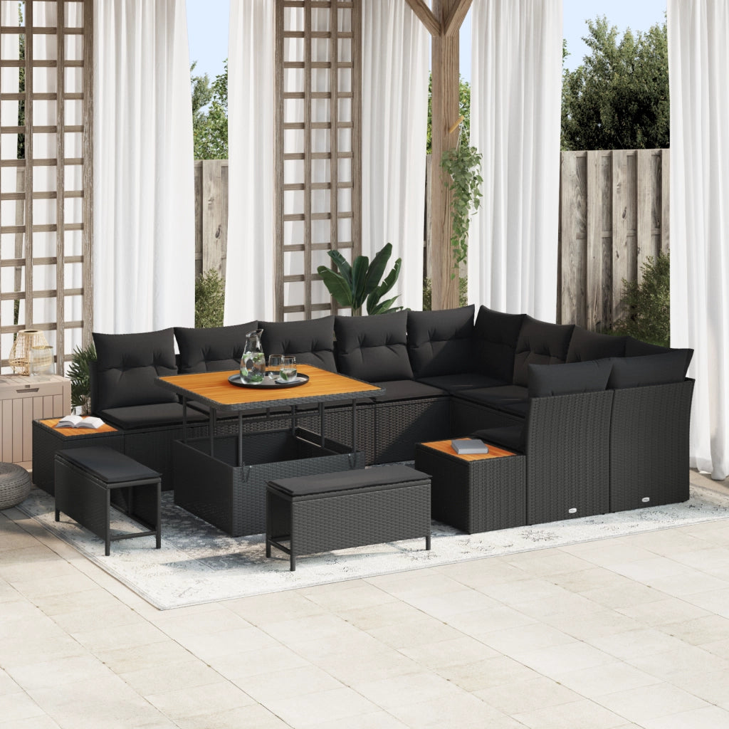 Set di divani da giardino  in 12 pezzi con cuscini in polyrattan nero e acacia