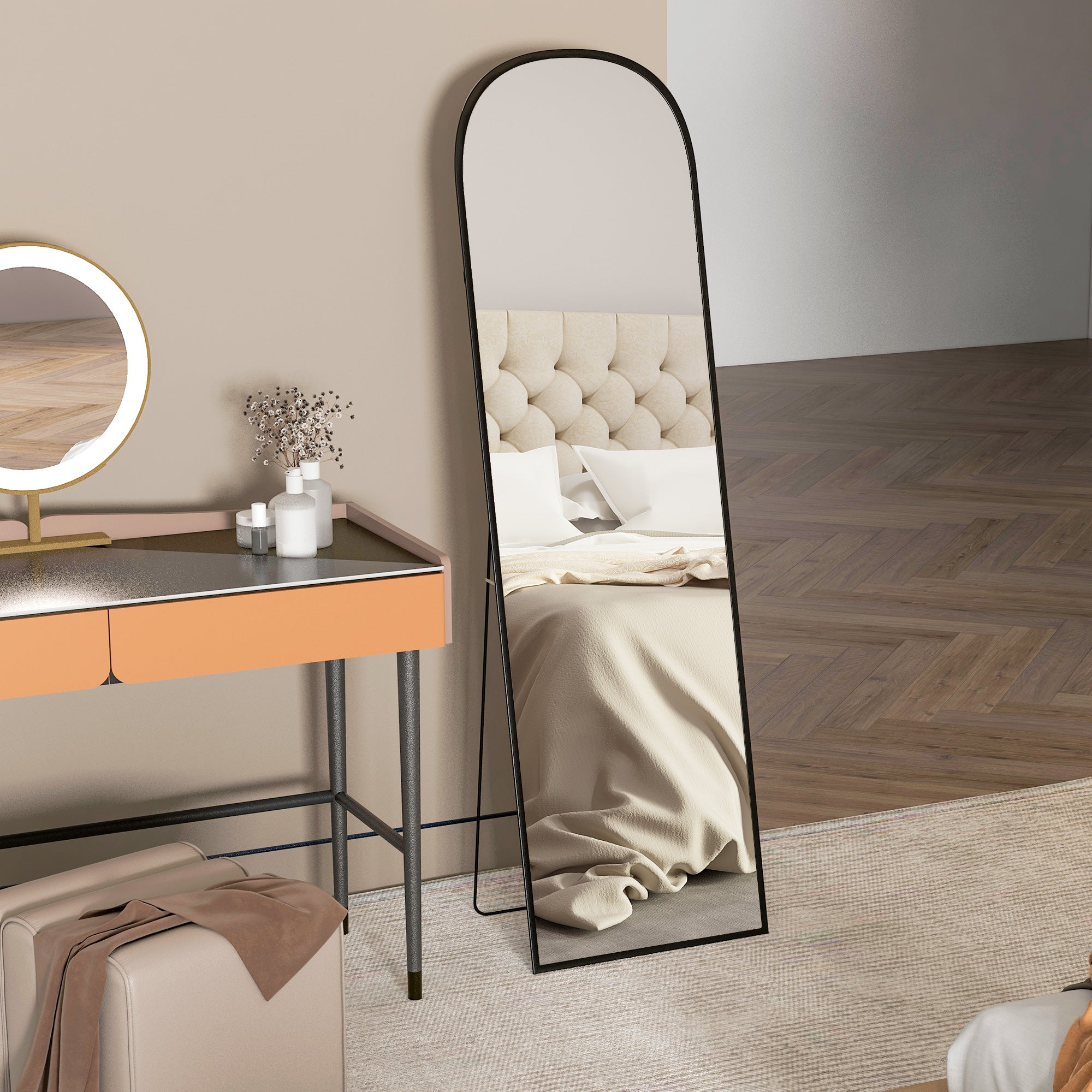 Specchio da Terra e Parete Moderno con Supporto Pieghevole 50x170 cm in Lega di Alluminio Nero