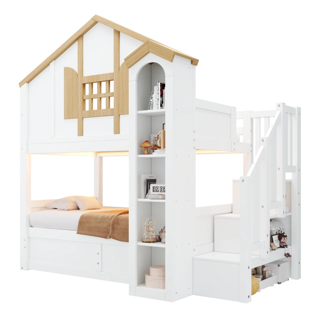 Letto a castello 90x200 cm in pino bianco con scala contenitore, LED e vano con sollevamento idraulico