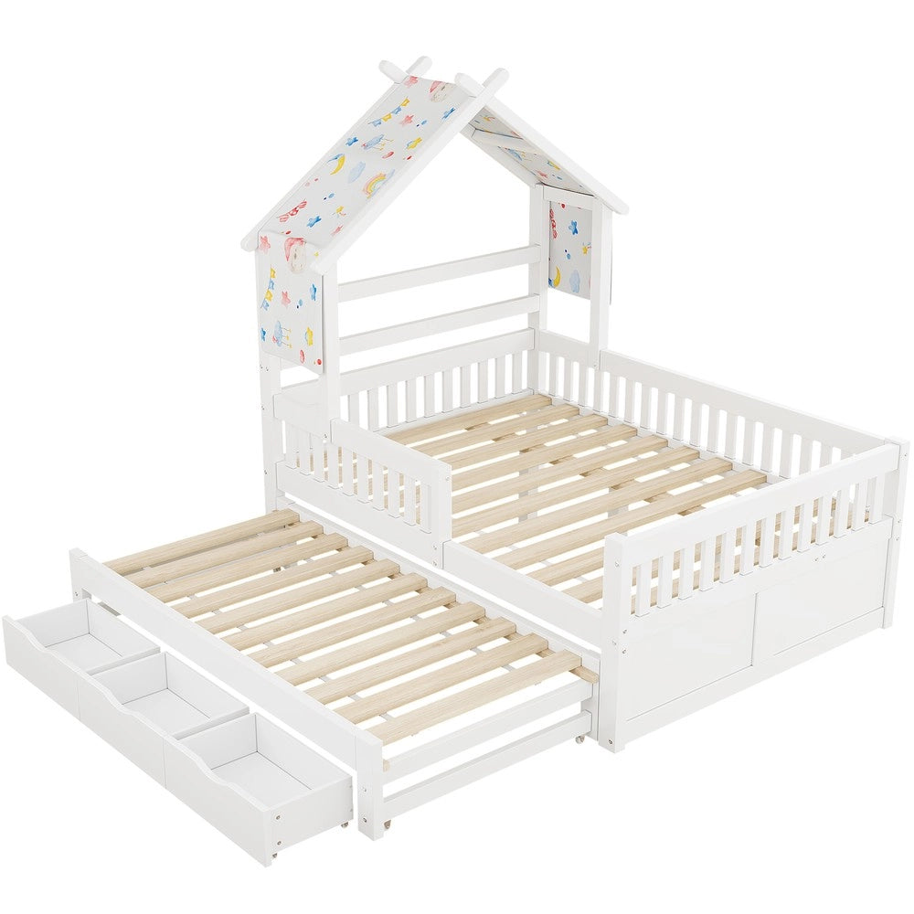 Letto Casetta con Letto Estraibile, 3 Cassetti e Sponde ¨C Xylo ¨C Bianco 140x200