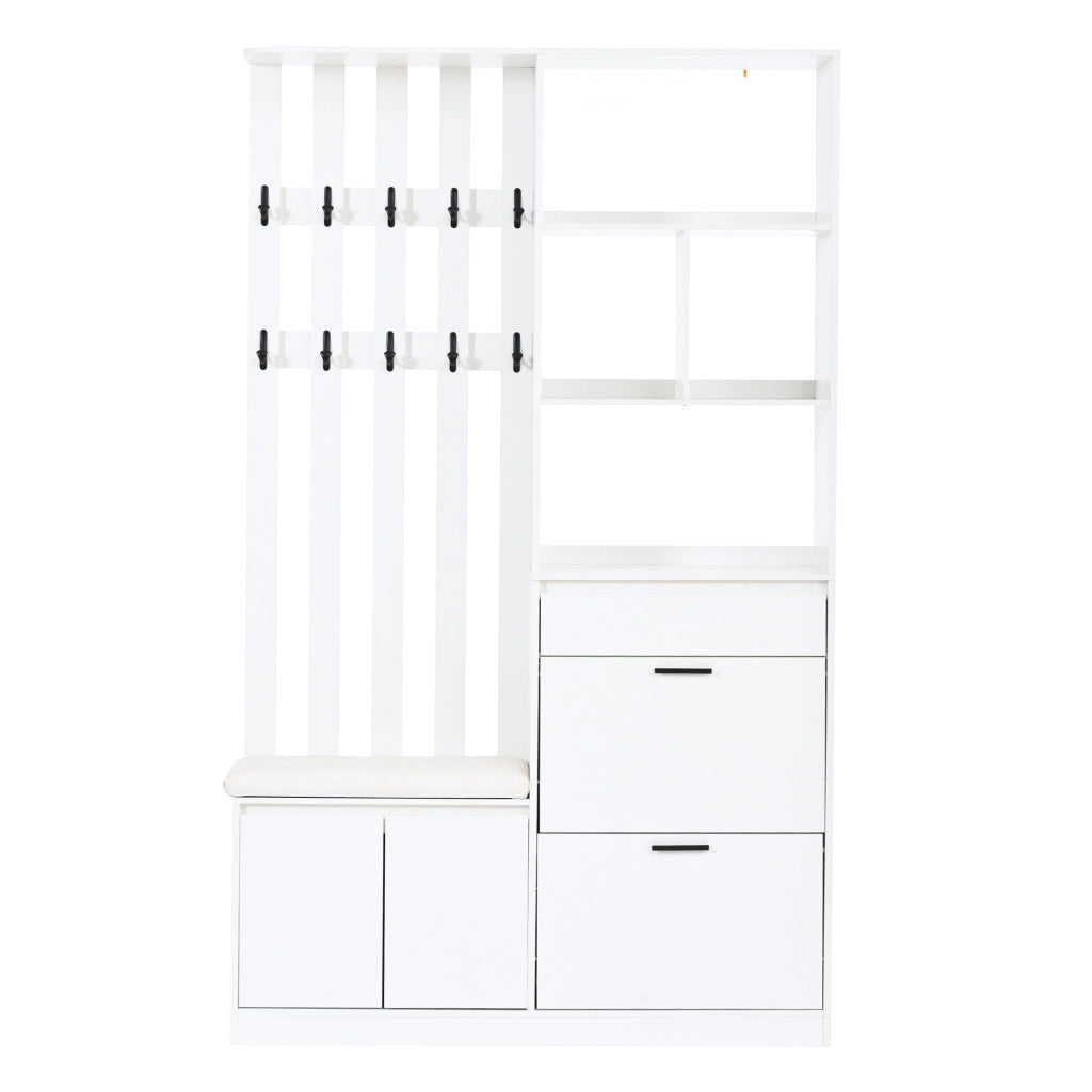 Mobile ingresso con 2 ante; 1 cassetto; 2 ribalte e 10 ganci - per ingresso - in MDF - bianco