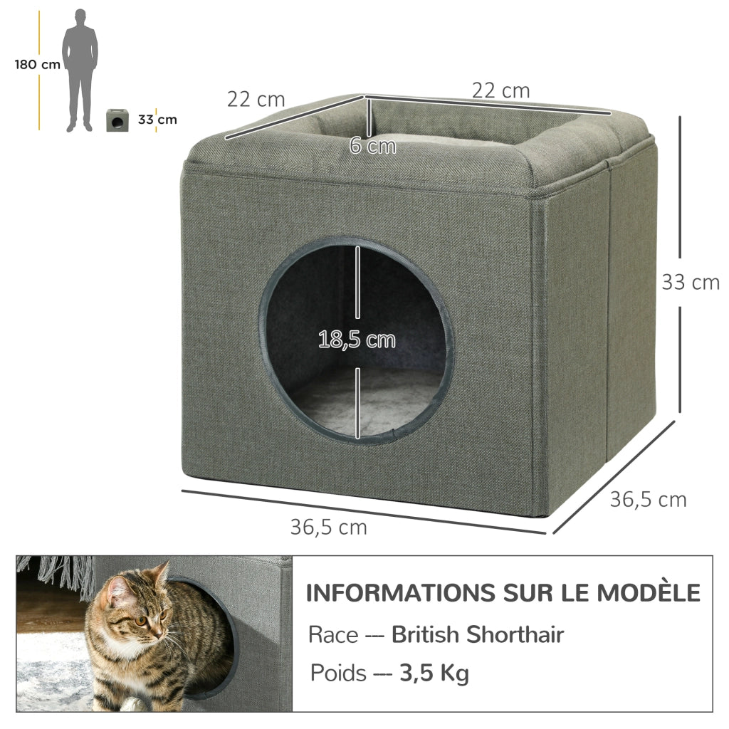 Casetta per Gatti a 2 Livelli con Cuscino ¨C zephmum ¨C Grigio 36.5x36.5x33 cm