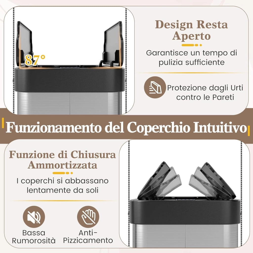 60L Cestino per Rifiuti con Coperchi a Ali, Pattumiera in Acciaio Inox Spazzolato con Sensore di Movimento a Infrarossi, Bidone Automatico per Camera da Letto, Bagno e Cucina (Argento)