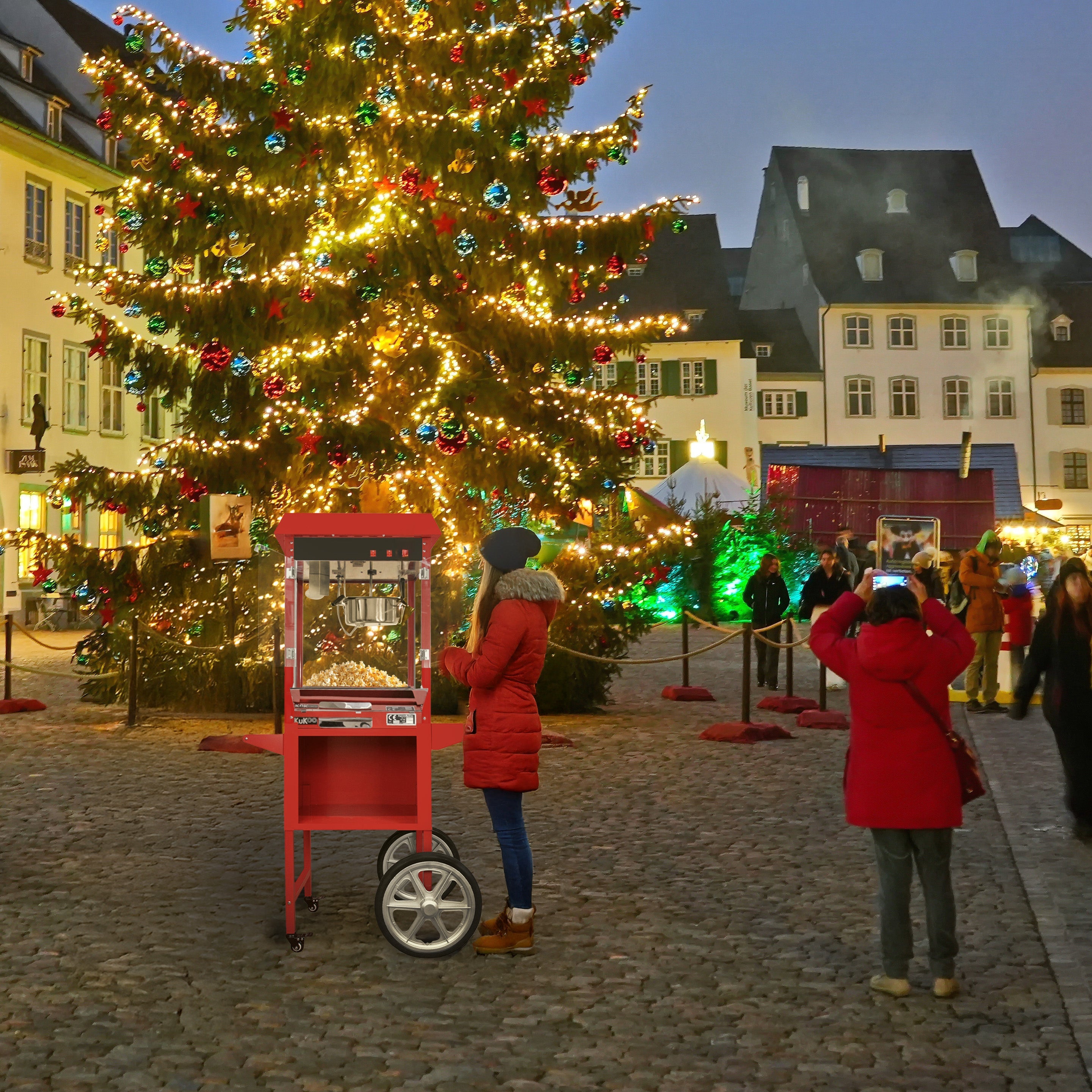 Carrello retrò rosso KuKoo per macchina popcorn in acciaio inox