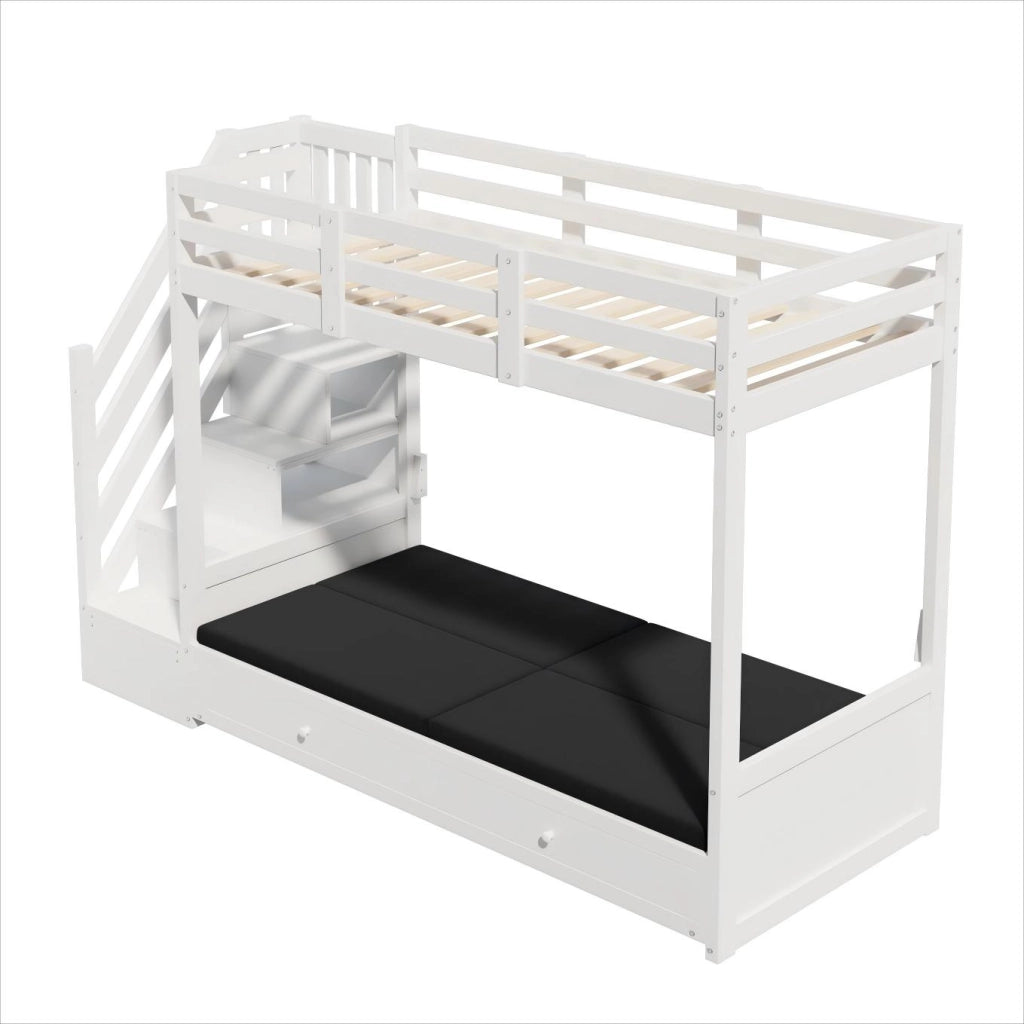 Letto a soppalco multifunzionale per bambini 90x200 cm con scala contenitore, divano e 2 cassetti, bianco, senza materasso
