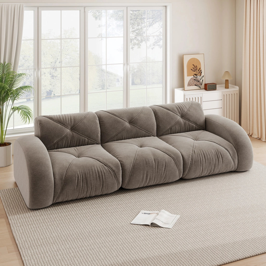Divano modulare tre posti senza struttura con design antiscivolo e seduta ampia in chenille tortora 281 × 95 × 76 cm