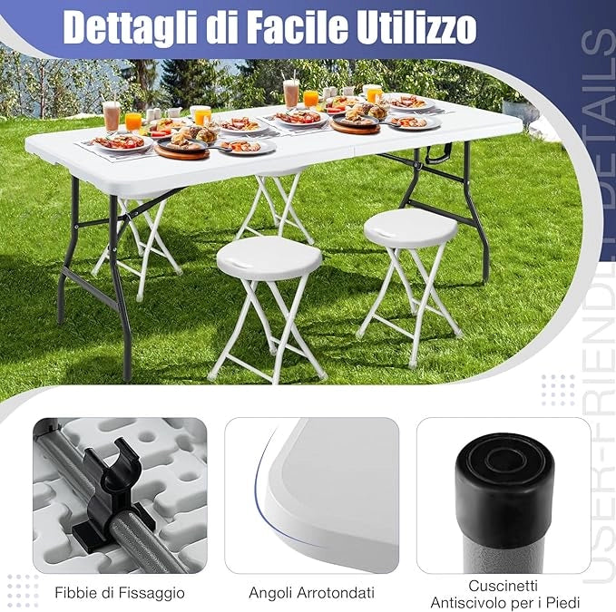 Tavolo da Pranzo Pieghevole 180 cm, Tavolo Campeggio in Plastica con Maniglia, Gambe in Metallo e Piedini Antiscivolo, per Picnic, Campeggio, Giardino, Portata 180 kg