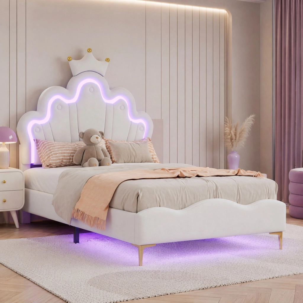 LETTO singolo 90x200 cm bianco in PU con LED e testiera a corona