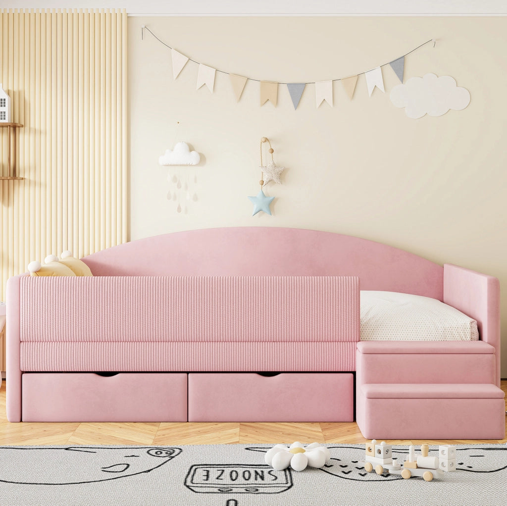 Letto imbottito per bambini 90x190 cm rosa con 2 cassetti, sponde e gradini