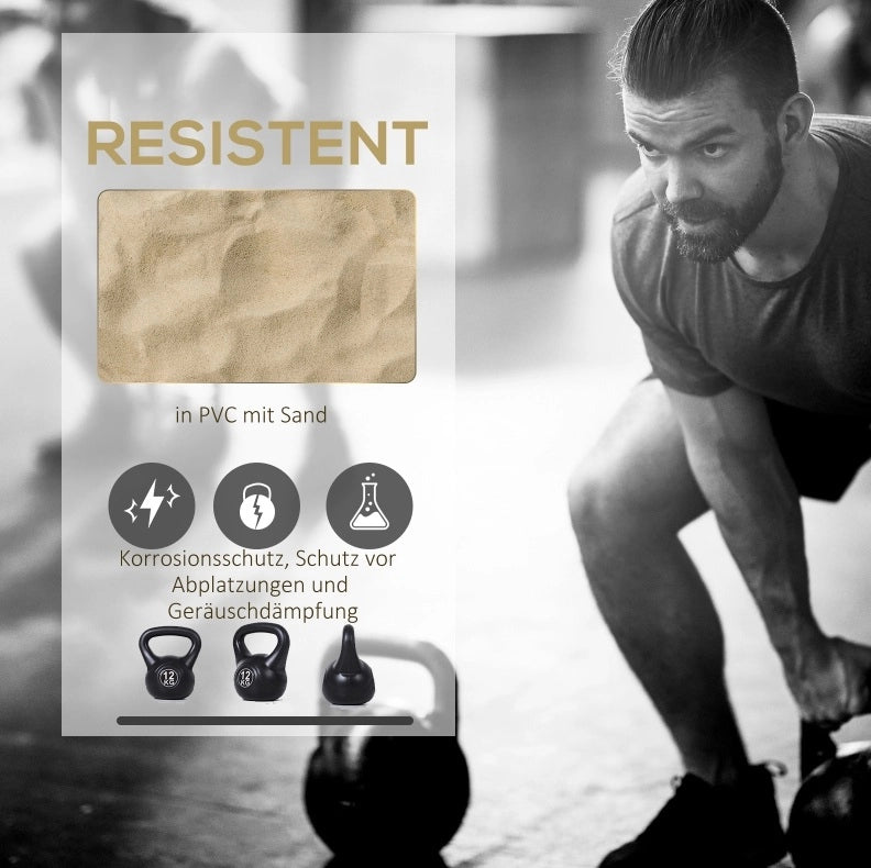 Kettlebell 12 kg con struttura in plastica e riempimento di sabbia, colore nero