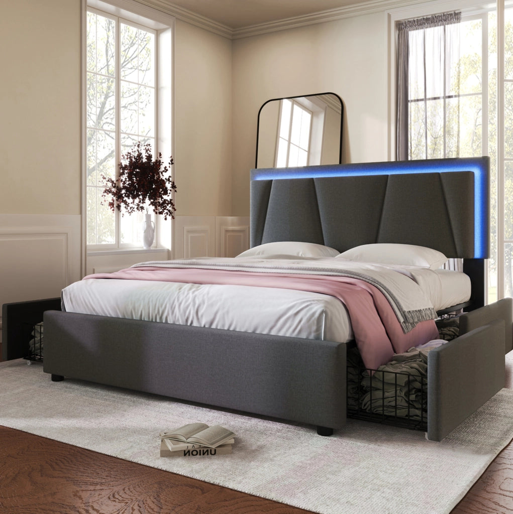 Letto imbottito con LED e 4 cassetti; testiera regolabile; 140x200 cm; grigio