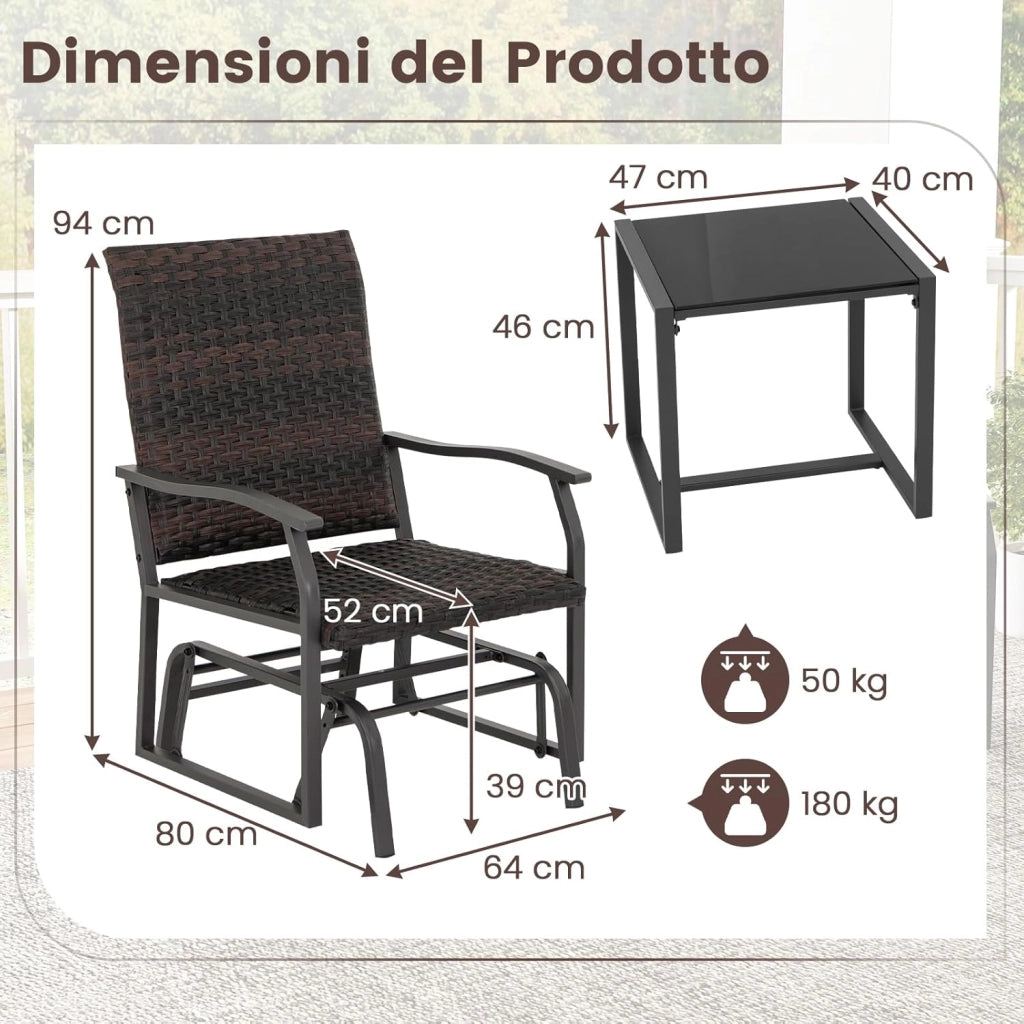 Set di 3 Pezzi Mobili in PE Rattan, Set di 2 Sedie a Dondolo con Tavolino da CaffÃ¨ in Vetro Temperato, Set di Sedie e Tavolino da Esterno per Giardino Cortile e Patio