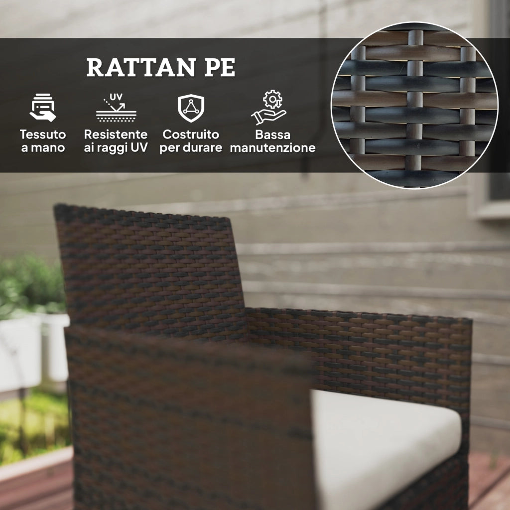 Set da Giardino 4 Pezzi con Divano 2 Sedie e Tavolino Basso con Piano in Vetro in Rattan Beige e Marrone