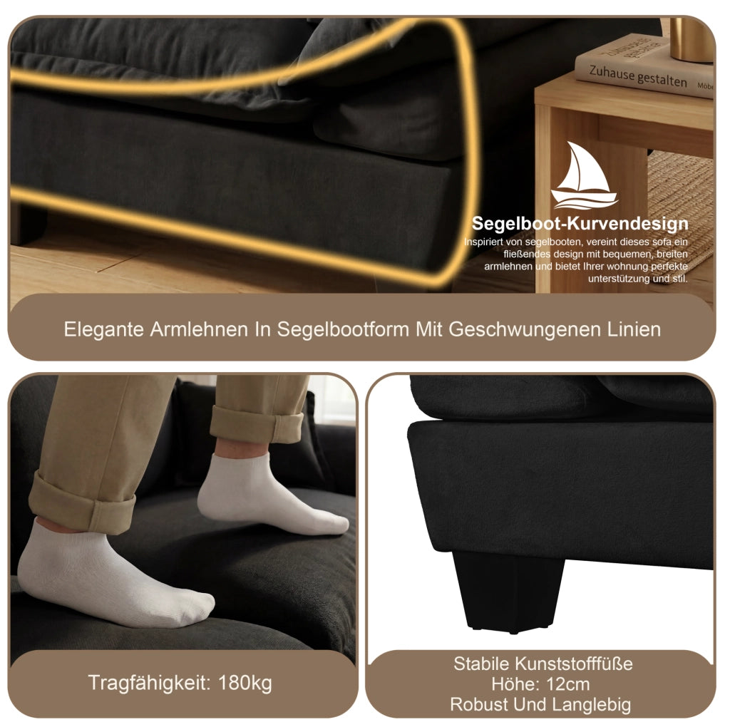 Divano modulare a U Cloud in chenille nero con portabevande, porta USB, 2 pouf e 2 cuscini, 323x155x90 cm