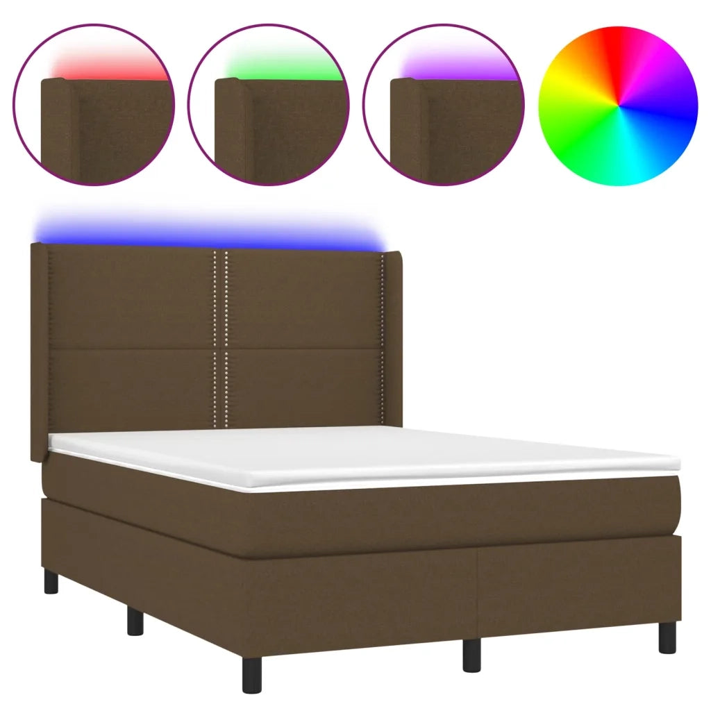 Letto a Molle Materasso e LED Marrone Scuro 140x200 cm Tessuto 3138240