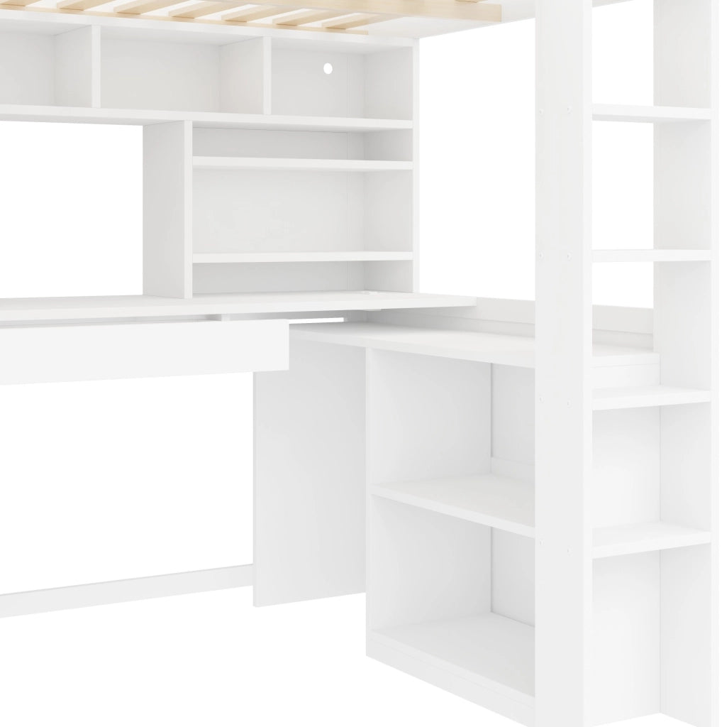 Letto a soppalco bianco 90 x 200 cm con scrivania, armadio e illuminazione LED