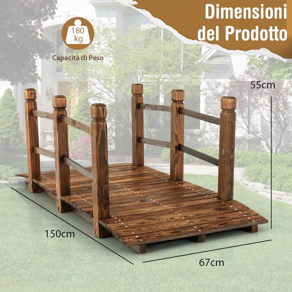 Ponte da Giardino in Legno, Ponte Decorativo ad Arco con Doppie Sbarre di Sicurezza, Struttura in Abete per Percorso Esterno per Cortile, Strada di Ghiaia, Ruscello, Fattoria (Legno)
